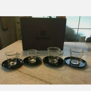 Set of 4: Nespresso Espresso Cup Set Cups w/Plates/Saucers Glass Duo/Lungo HTF